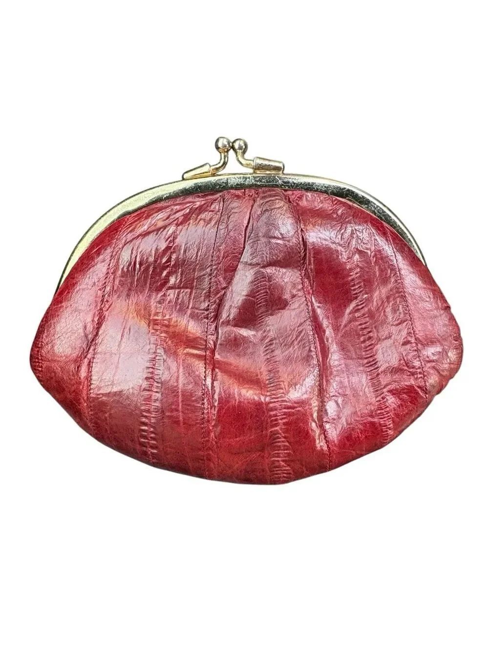 Vintage Lee Sands Genuine Eel Skin Burgundy Kiss Lock Coin Purse Wallet Red Leat